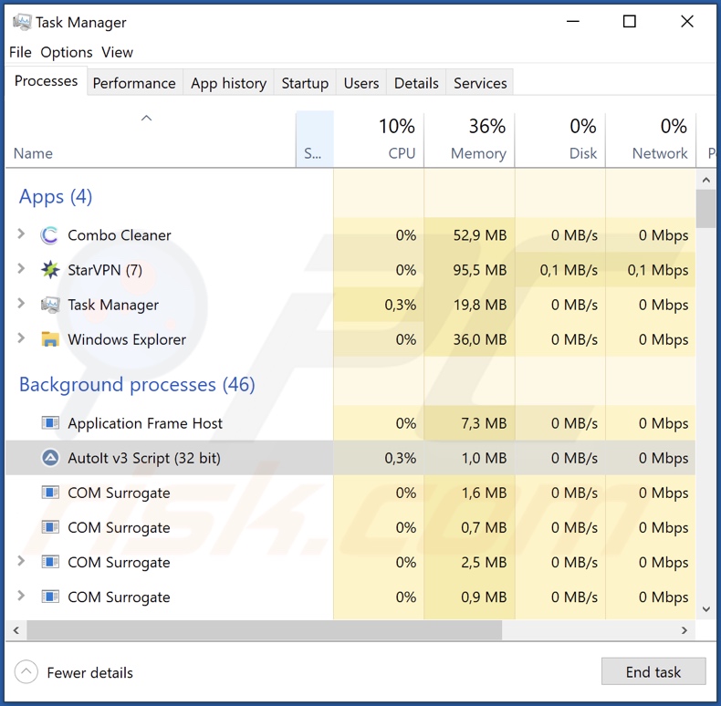 Ejemplo de proceso del malware de sustitución de direcciones de criptocarteras  en el Administrador de Tareas de Windows