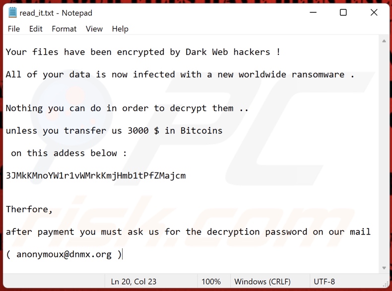 Nota de rescate de otra variante del ransomware Dark Web Hacker (read_it.txt)