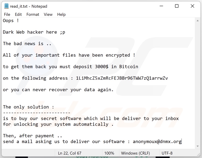 Mensaje de petición de rescate del ransomware Dark Web Hacker (read_it.txt)