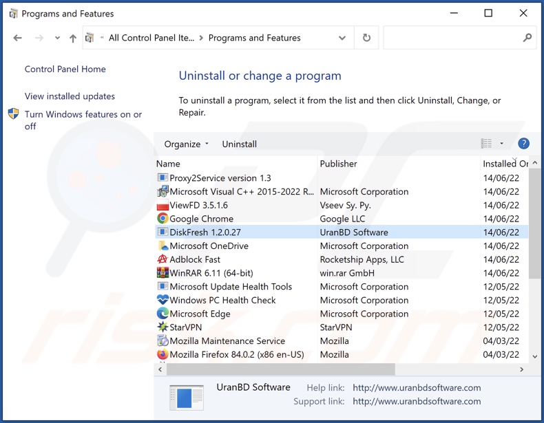 Desinstalación de DiskFresh a través del Panel de Control