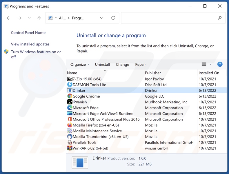 Desinstalación del adware Drinker a través del Panel de Control