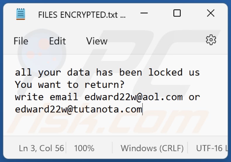 Archivo de texto del ransomware Edw (FILES ENCRYPTED.txt)