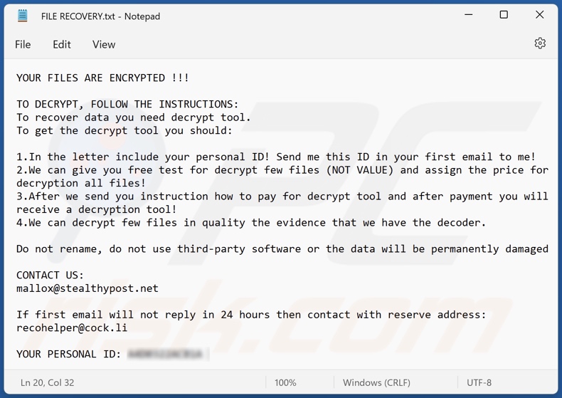 Mensaje de petición de rescate del ransomware FARGO (FILE RECOVERY.txt)