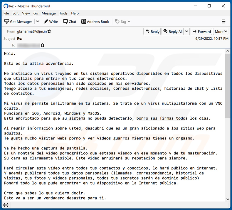 Hello, Sacrifice. This Is My Last Warning!!! Estafa por correo electrónico variante española (2022-06-30)