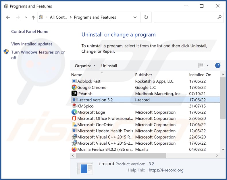 Desinstalación del adware I-Record a través del Panel de Control