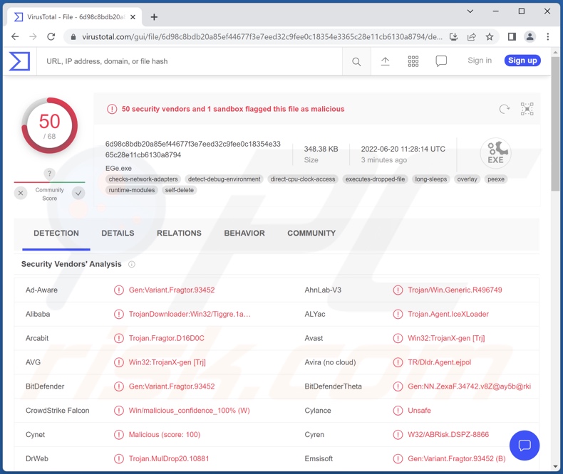 Detecciones de malware IceXLoader en VirusTotal