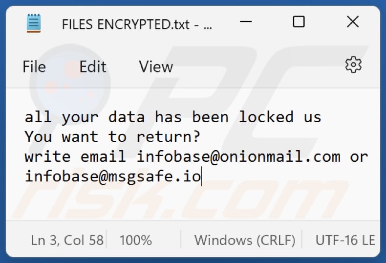Archivo txt del ransomware de Info (FILES ENCRYPTED.txt)