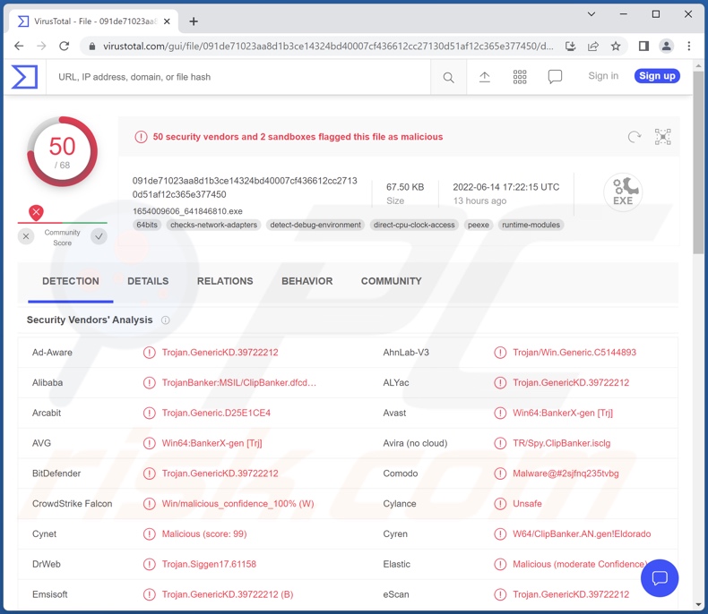 Detecciones del malware Keona Clipper en VirusTotal