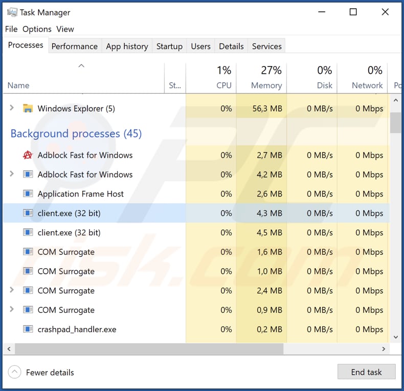 proxy2service malware ejecutándose en el administrador de tareas como client.exe