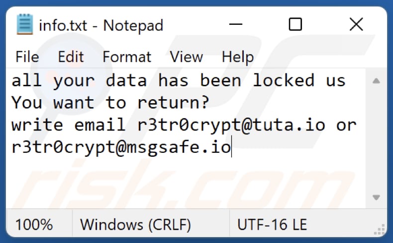 Archivo txt de la nota de rescate del ransomware r3tr0 (info.txt)