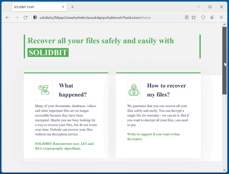 Nota de rescate del ransomware solidbit sitio web tor gif