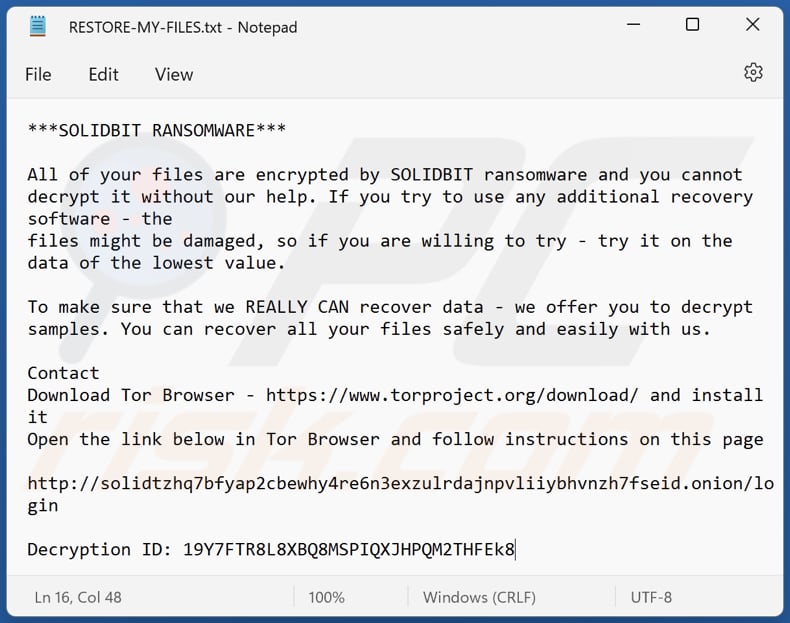 Archivo de texto de la nota de rescate del ransomware solidbit (RESTORE-MY-FILES.txt)