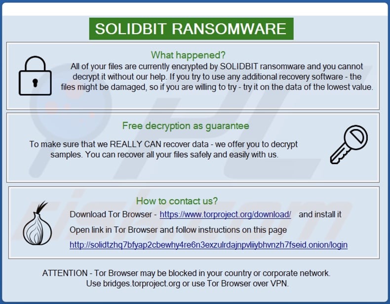 Nota de rescate del ransomware Solidbit en una ventana emergente