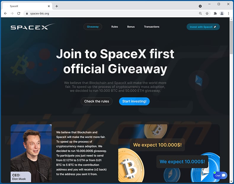 Sitio web de regalos de criptomonedas con temática de SpaceX - spacex-btc.org