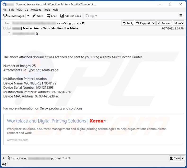 Campaña de spam por correo electrónico de la impresora multifunción de Xerox