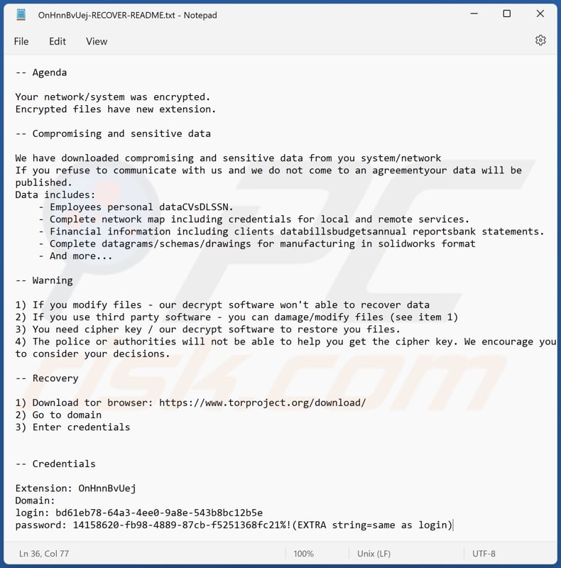 Archivo de texto del ransomware Agenda ([caracteres_aleatorios]-RECOVER-README.txt)