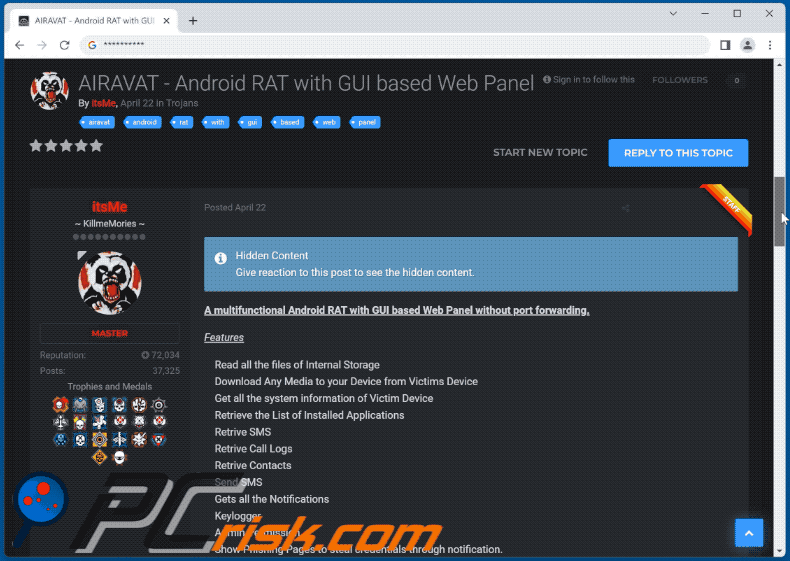 Troyano de acceso remoto AIVARAT promocionado en foros de hackers (GIF)