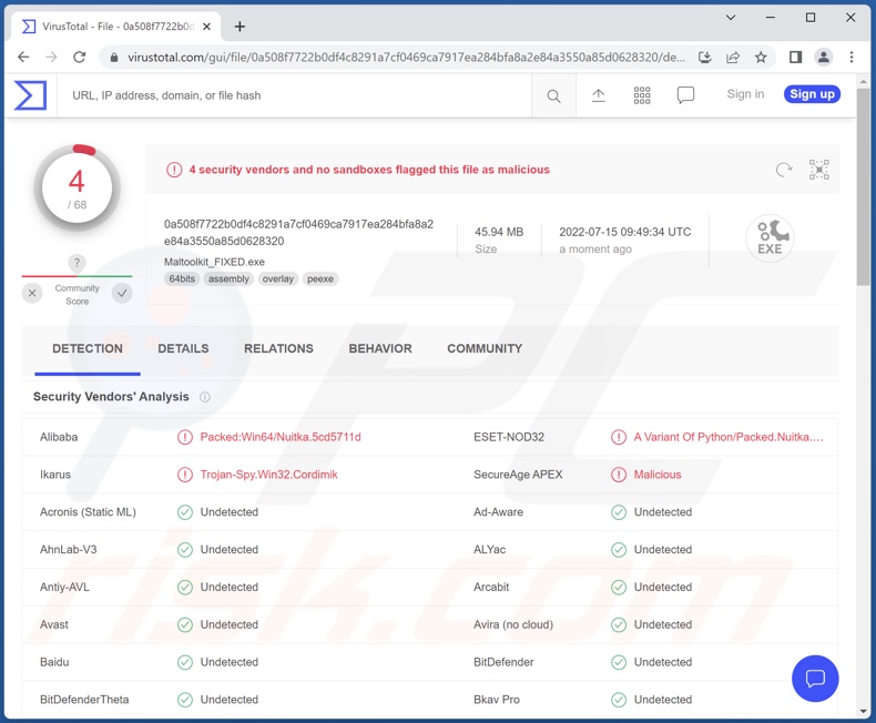 Detecciones del malware ApolloRAT en VirusTotal