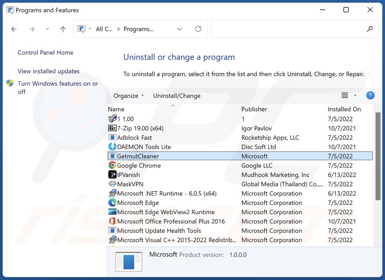 Desinstalar Getmut Cleaner a través del Panel de Control