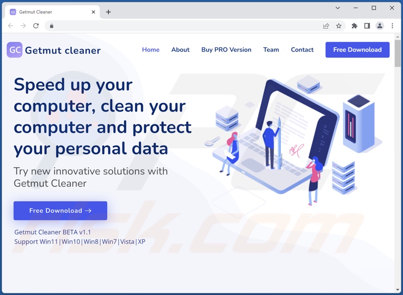 Sitio web utilizado para promocionar la PUA Getmut Cleaner