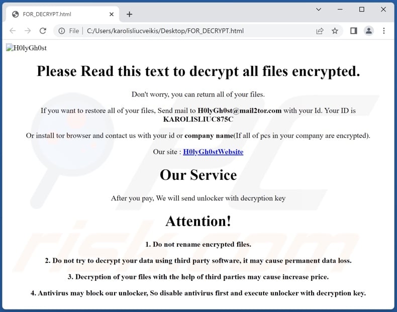 Mensaje de petición de rescate del ransomware H0lyGh0st (FOR_DECRYPT.html)