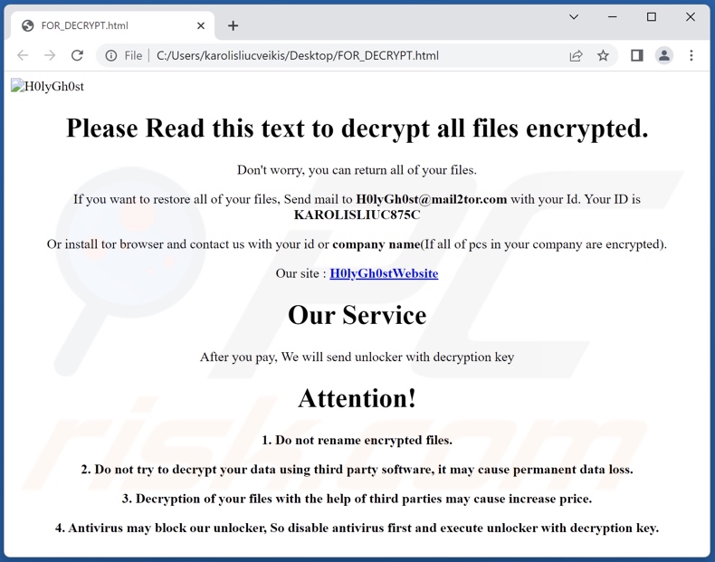 Mensaje de petición de rescate del ransomware H0lyGh0st (FOR_DECRYPT.html)