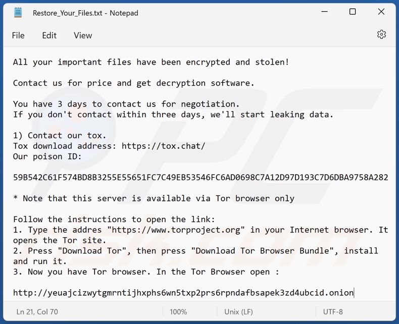 Mensaje de petición de rescate del ransomware Lilith (Restore_Your_Files.txt)
