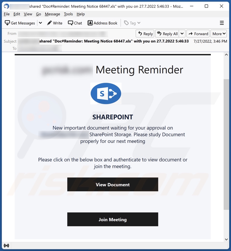Campaña de spam por correo electrónico Meeting Reminder