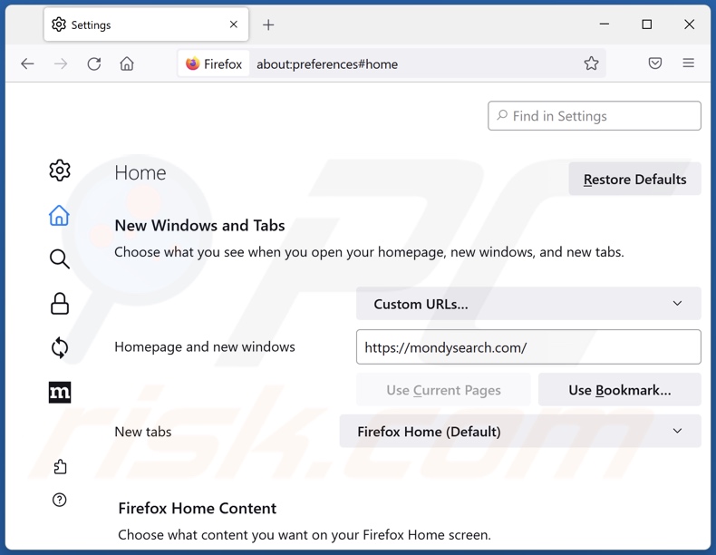 Eliminar mondysearch.com de la página de inicio de Mozilla Firefox