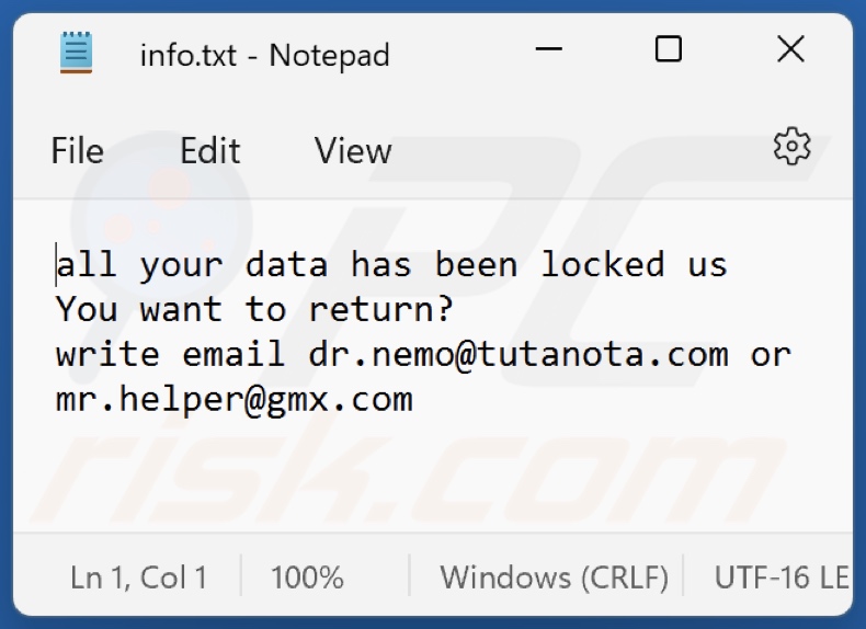 Archivo de texto del ransomware NMO (info.txt)