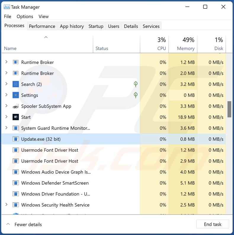 paradies clipper ejecutándose como update.exe en el administrador de tareas