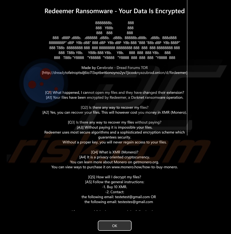 Mensaje del ransomware Redeemer 2.0 mostrado antes de la pantalla de inicio de sesión