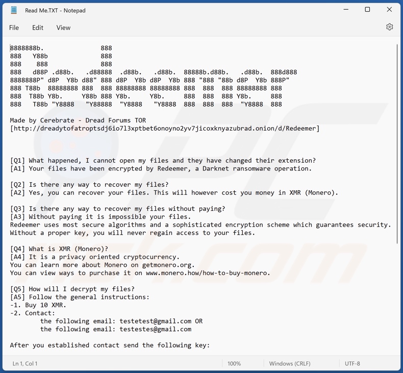 Mensaje de petición de rescate del ransomware Redeemer 2.0 (Read Me.TXT)