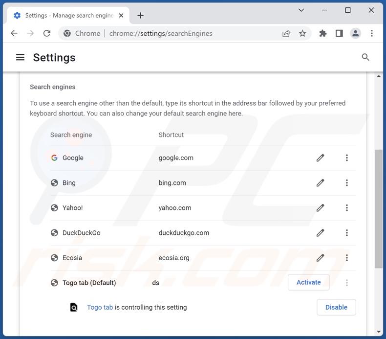 Eliminar togosearching.com del motor de búsqueda predeterminado de Google Chrome