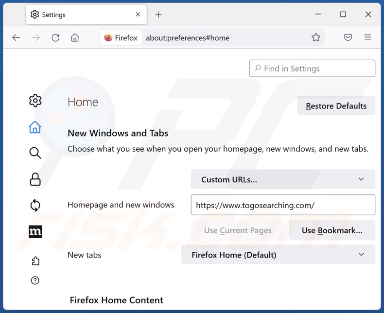 Eliminar togosearching.com de la página de inicio de Mozilla Firefox