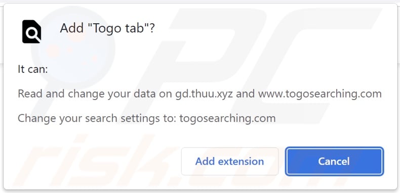 Togo tab browser hijacker asking for permissions
