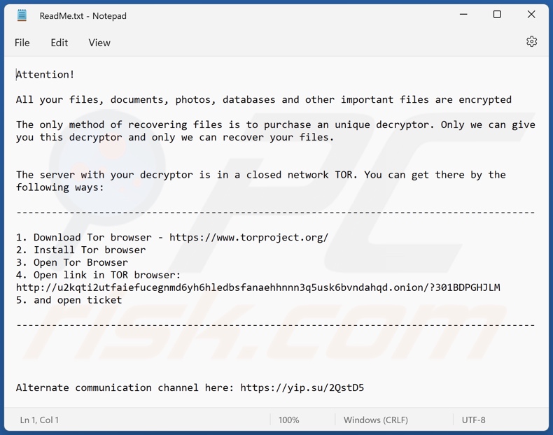 Mensaje de petición de rescate del ransomware U2K (ReadMe.txt)