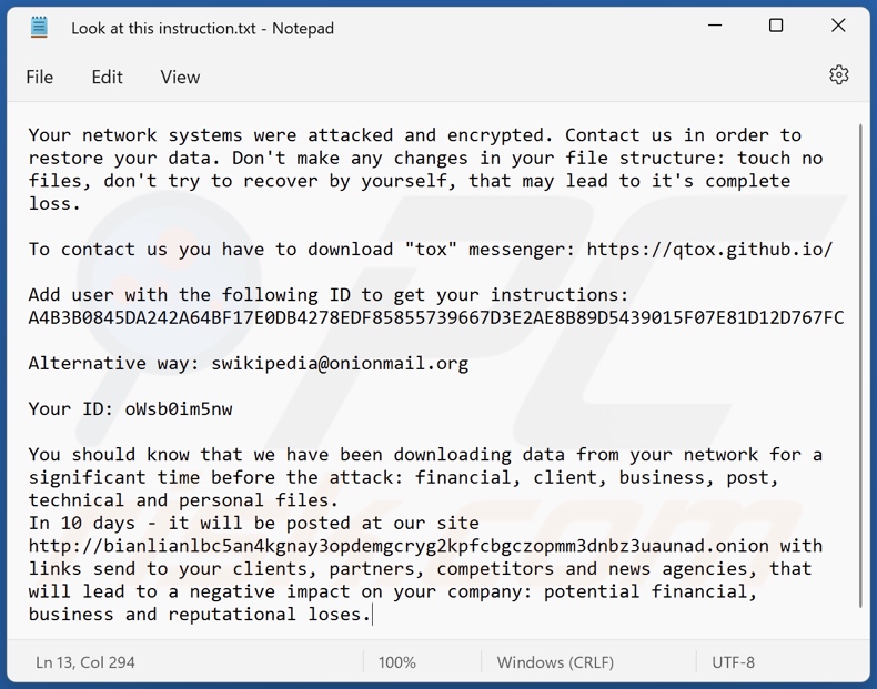 Mensaje del ransomware BianLian exigiendo un rescate (Look at this instruction.txt)