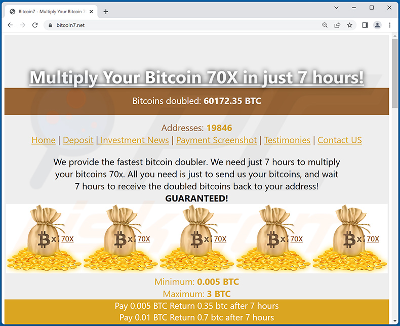Sitio web fraudulento sobre regalos de Bitcoin (bitcoin7.net)