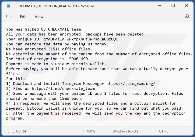 Mensaje del ransomware Checkmate exigiendo un rescate (!CHECKMATE_DECRYPTION_README.txt)