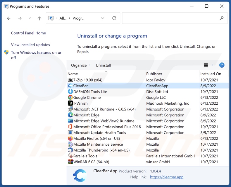 Desinstalación del adware ClearBrowser a través del Panel de Control