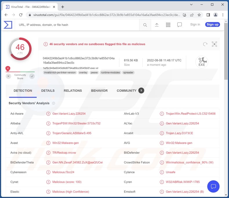 Detecciones de malware Erbium en VirusTotal