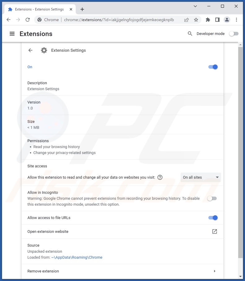 Información detallada del secuestrador del navegador Extension Settings