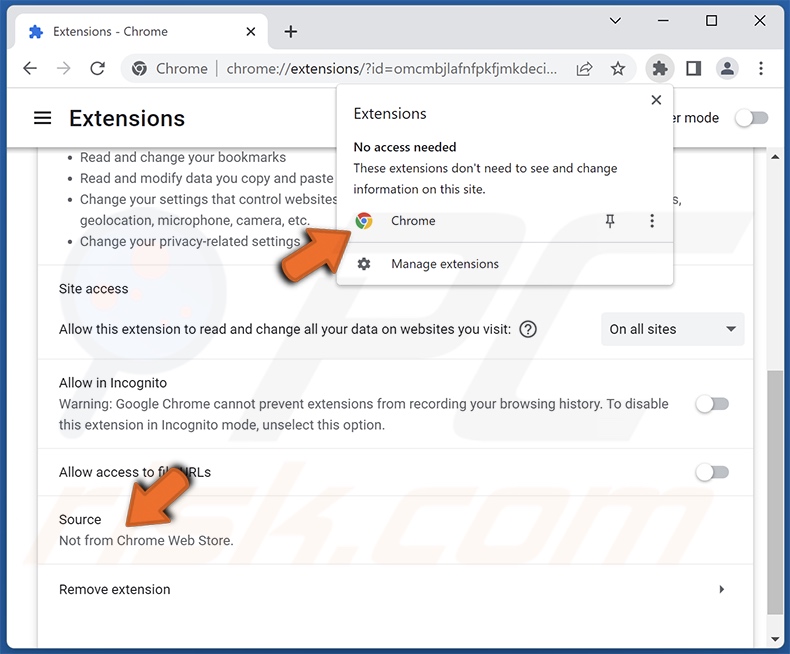 Descripción de la falsa extensión de Chrome