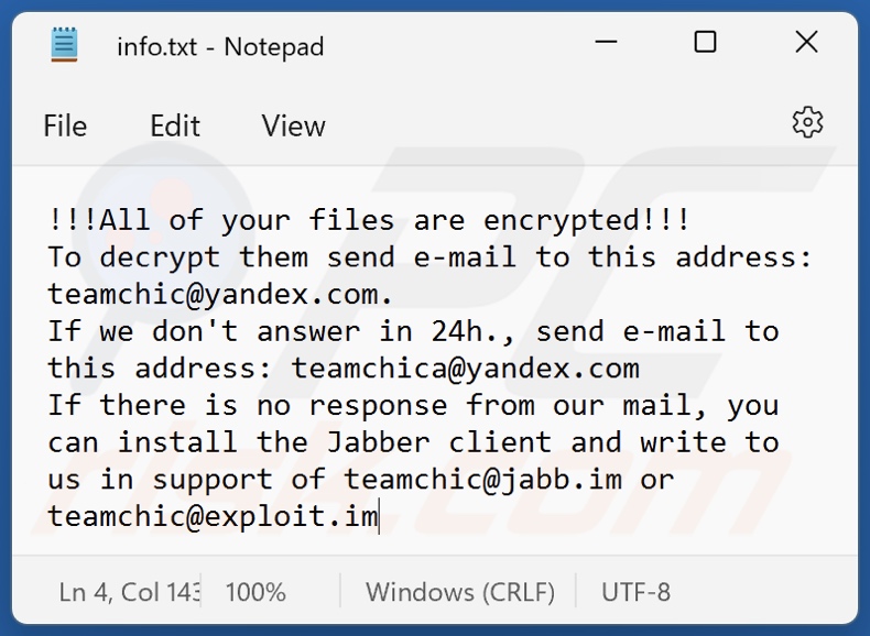 Archivo de texto del ransomware FILE (info.txt)