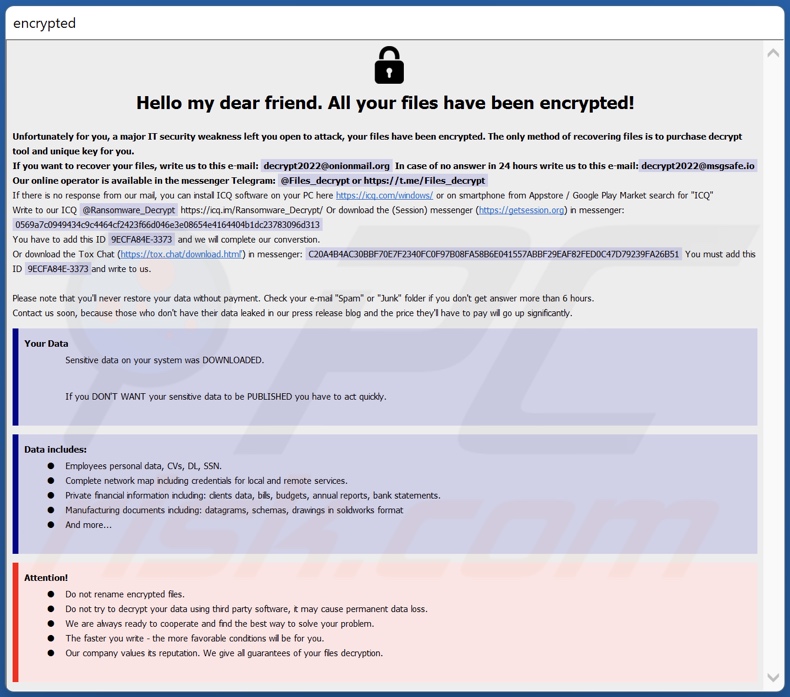 Mensaje de petición de rescate del ransomware FLSCRYPT (info.hta)