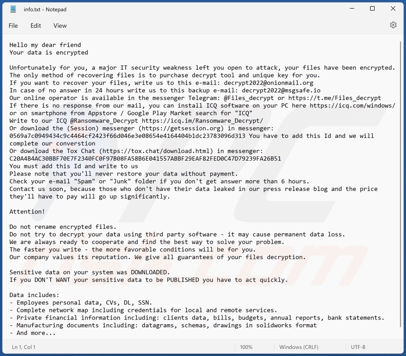 Archivo de texto del ransomware FLSCRYPT (info.txt)
