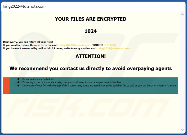Mensaje emergente del ransomware K1ng pidiendo un rescate