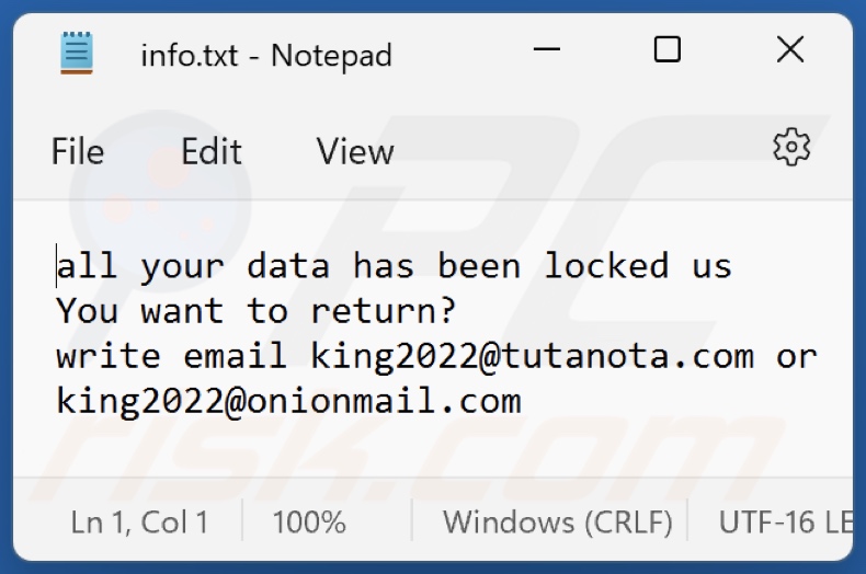 Archivo de texto del ransomware K1ng (info.txt)