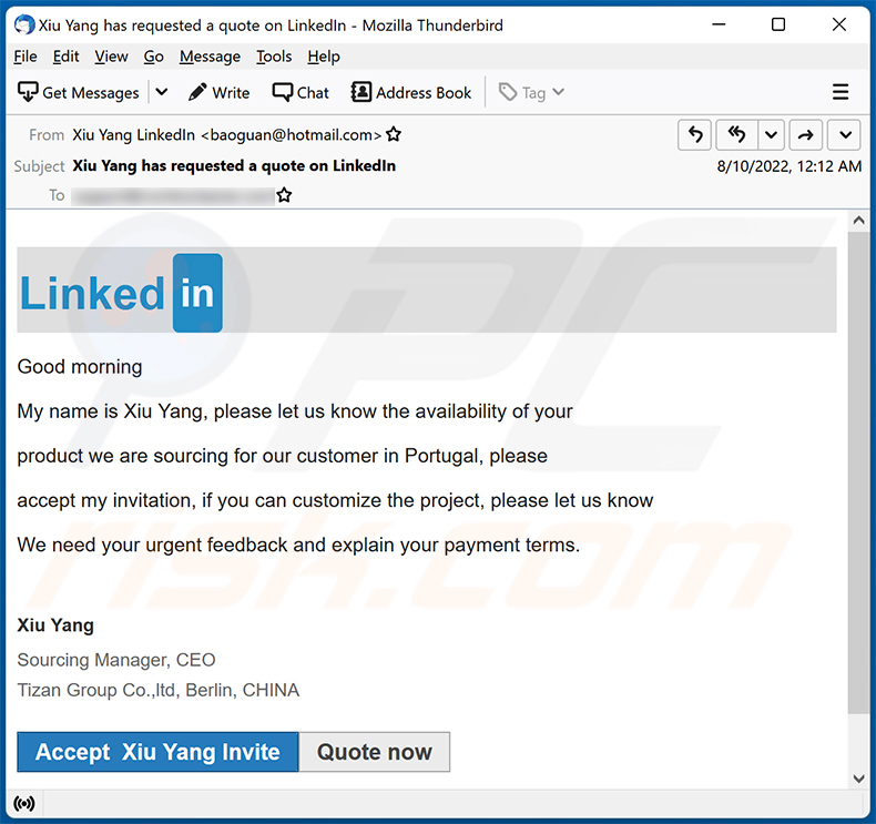 Correo electrónico de spam con temática de LinkedIn promocionando un sitio de phishing (2022-08-11)